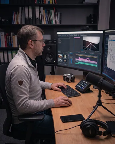 Jérôme Brigaud à son poste de montage : une timeline sur un écran incurvé, un micro, un clavier et un casque