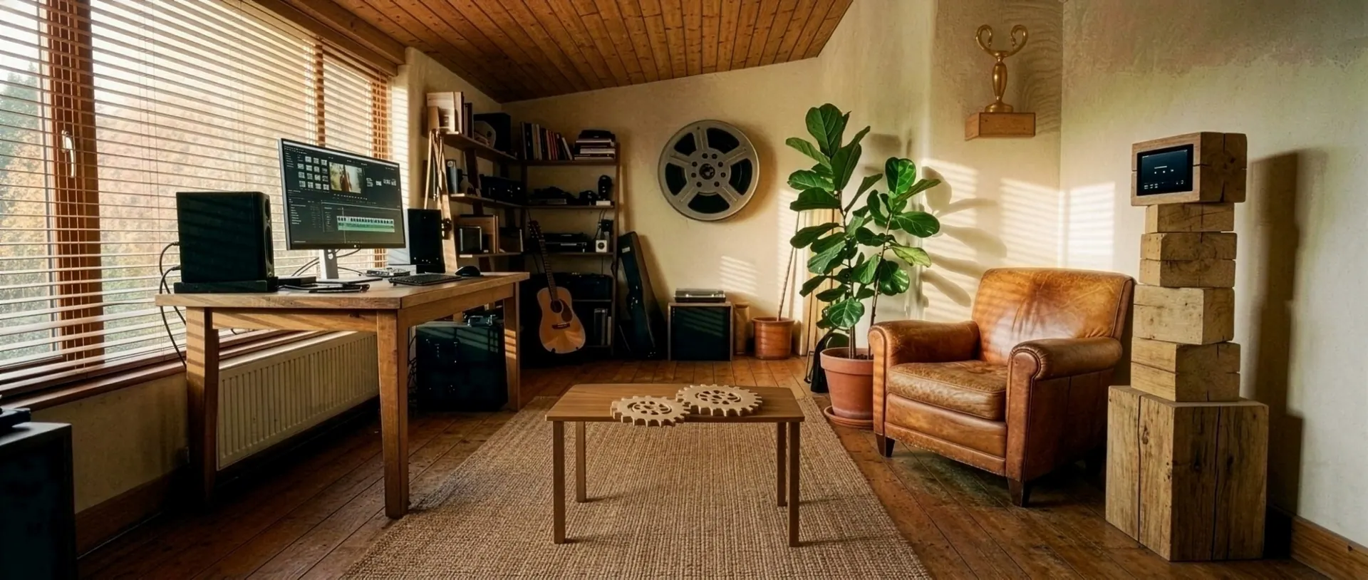 L'atelier MYRIAGE : un bureau avec un écran de montage, une table basse avec des engrenages en bois, un fauteuil en cuir et une colonne de blocs surmontée d'un écran.